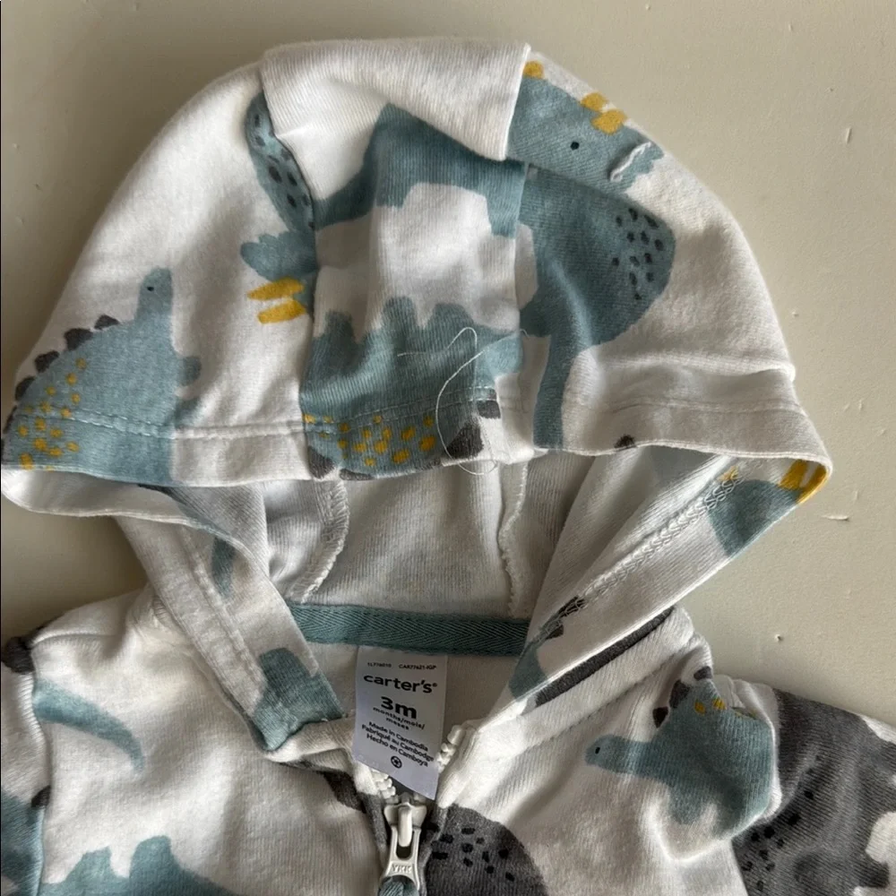 Carter’s Boys Dinosaur Print Hoodie and White Pant Set Size 3 Months